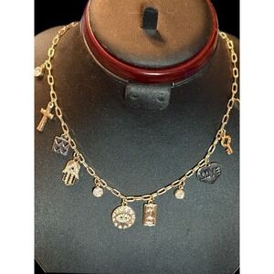 Aldo Gold Charm Necklace Mix Of Spiritual and Symbolic Charms Paperclip Chain